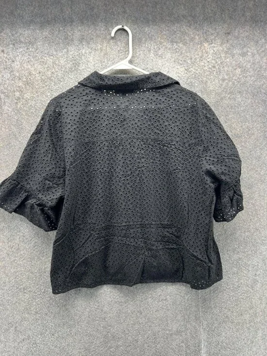 Madewell Blouse Womens XXL Black Eyelet Button Front Flutter Sleeve Cropped - Picture 8 of 10